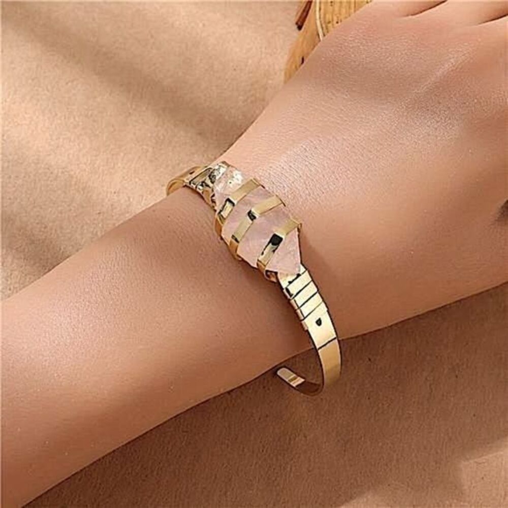 🌟Artisan Free Spirit Unique Pink Stone Cuff Bracelet Minimalist Gold Tone